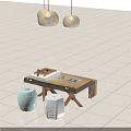 Wooden Tea Table and Chairs With Ceramic Stools and Pendant Lights on Light Tile Floor