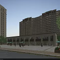 Vibrant Commercial Street With High Rise Buildings Pedestrians Green Trees Plaza Area And Parked Cars