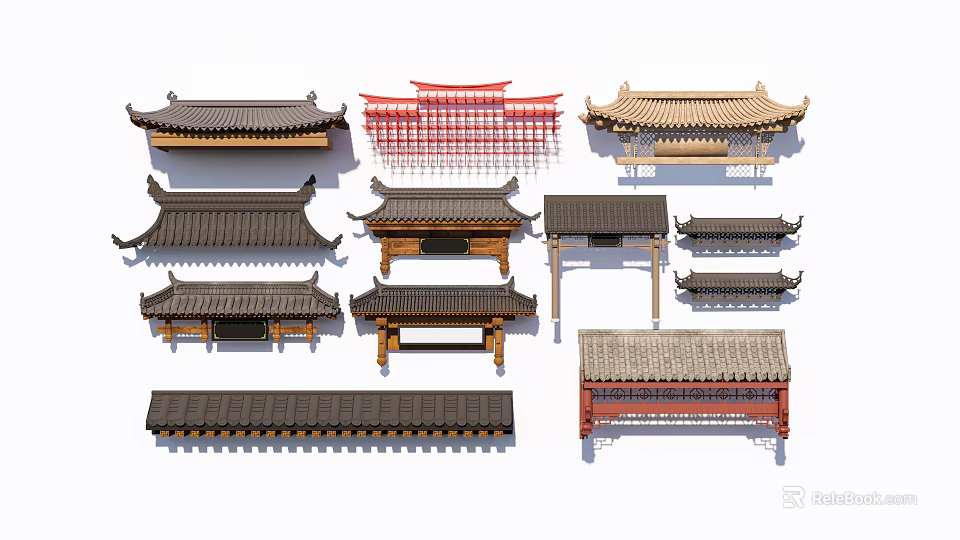 Chinese Traditional Architectural Components Including Various Roofs Brackets And Beam Frames 3d model 