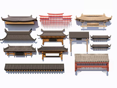 Chinese Traditional Architectural Components Including Various Roofs Brackets And Beam Frames 3d model