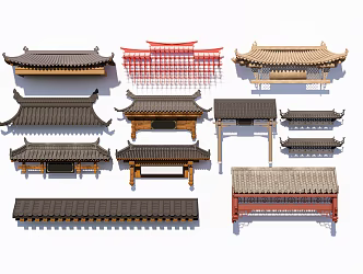 Chinese style eaves door head roof beam roof combination tile eaves line flying ridge roof style 3d model
