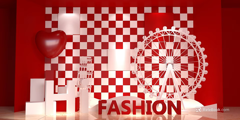 Stylish Photo Spot with Red Heart Balloon White Ferris Wheel 3D FASHION and Checkered Background 3d model 