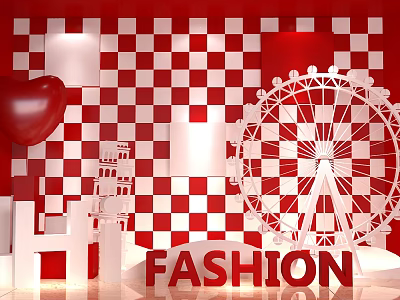 Stylish Photo Spot with Red Heart Balloon White Ferris Wheel 3D FASHION and Checkered Background 3d model