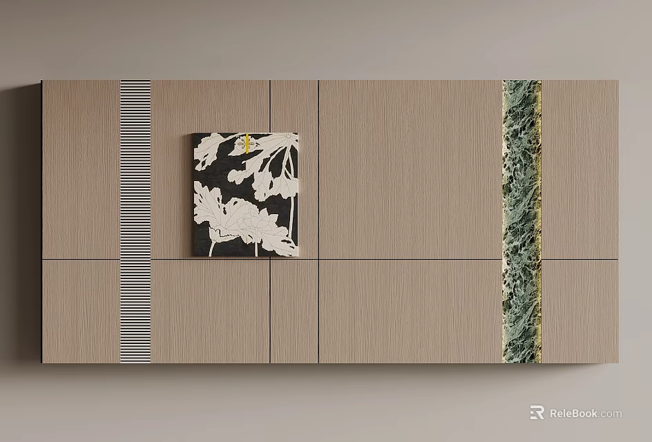 Stylish Sofa Background Wall With Wooden Panels Decorative Painting And Green Stripe 3d model 