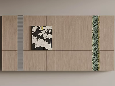 Stylish Sofa Background Wall With Wooden Panels Decorative Painting And Green Stripe 3d model