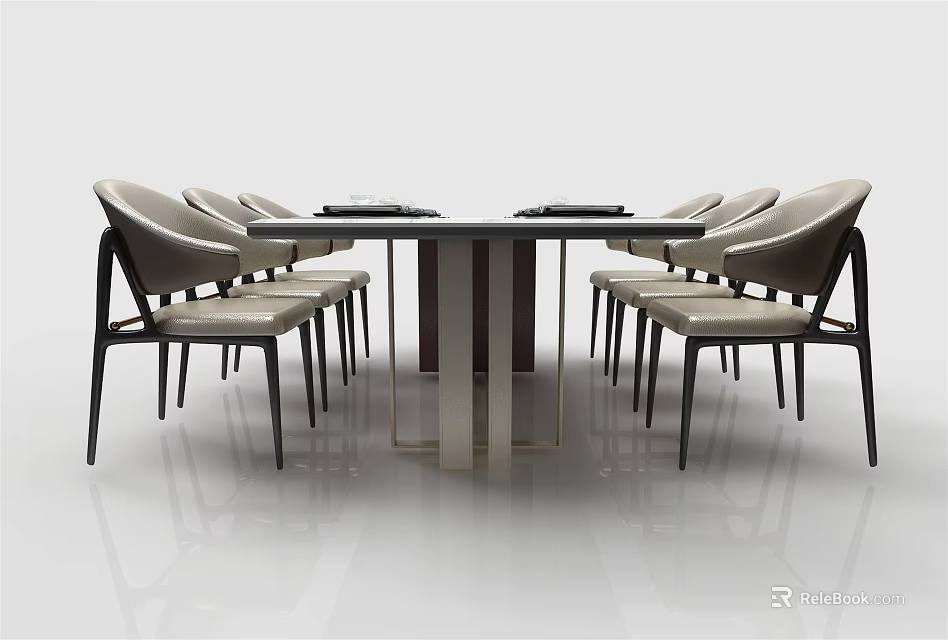 Modern Dining Table Set With Light Colored Chairs And Metal Frame Design 3d model
