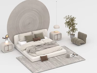 Modern Double Bed Interior With Circular Headboard Plush Pillows Bedside Tables And Area Rug 3d model