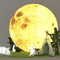 Festive Mid Autumn Display Featuring Large Glowing Moon White Rabbit Small Tent And Green Plants