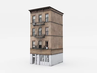 Multi Story Brick Apartment Building With Fire Escape And Ground Floor Entrance 3d model