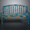 Outdoor Wooden Bench With Blue Finish And Orange Green Splatter Pattern Slatted Backrest Armrests
