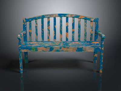 Outdoor Wooden Bench With Blue Finish And Orange Green Splatter Pattern Slatted Backrest Armrests 3d model