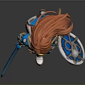 3D Female Warrior Character With Red Hair Blue Headpiece White Armor Blue Sword And Shield