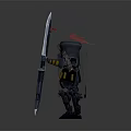 Detailed 3D Warrior Figure in Black Armor With Giant Sword and Red Cape