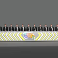 Men in Suits Standing Behind Long Table With World Map and Yellow White Stripe Decor