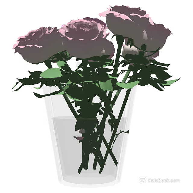 Transparent Glass Vase With Purple Roses And Fresh Green Leaves Arrangement 3d model 