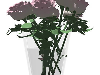 Transparent Glass Vase With Purple Roses And Fresh Green Leaves Arrangement 3d model