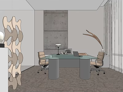 Modern Office Interior Design With Glass Top Desk Ergonomic Chairs And Decorative Lamp 3d model