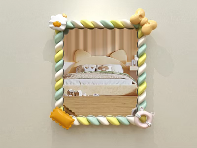 Colorful Cute Mirror With Twisted Rope Frame And Bow Bear Decorations Reflecting Bedroom Interior 3d model