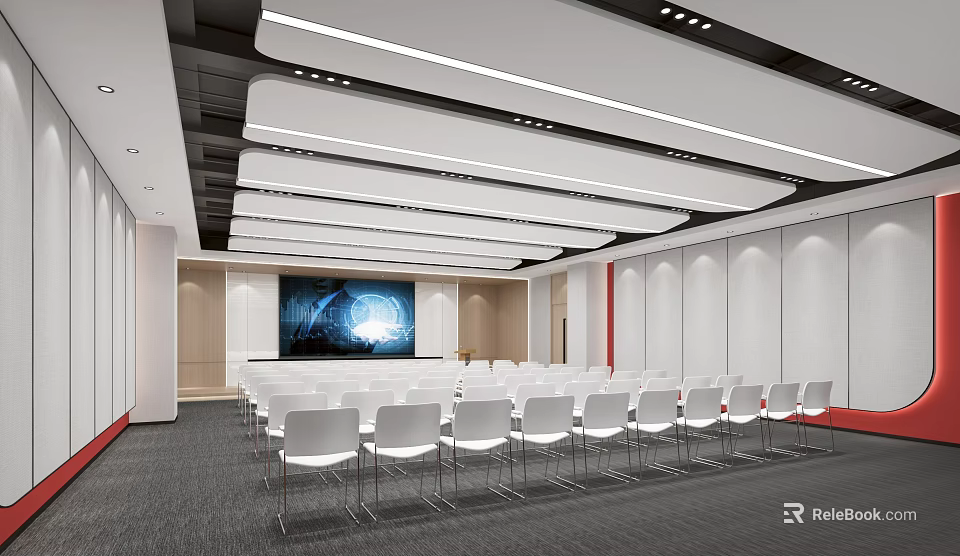 Modern Spacious Conference Room With White Chairs Large Screen TV And Ceiling Lights 3d model 