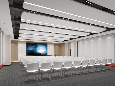 Modern Spacious Conference Room With White Chairs Large Screen TV And Ceiling Lights 3d model