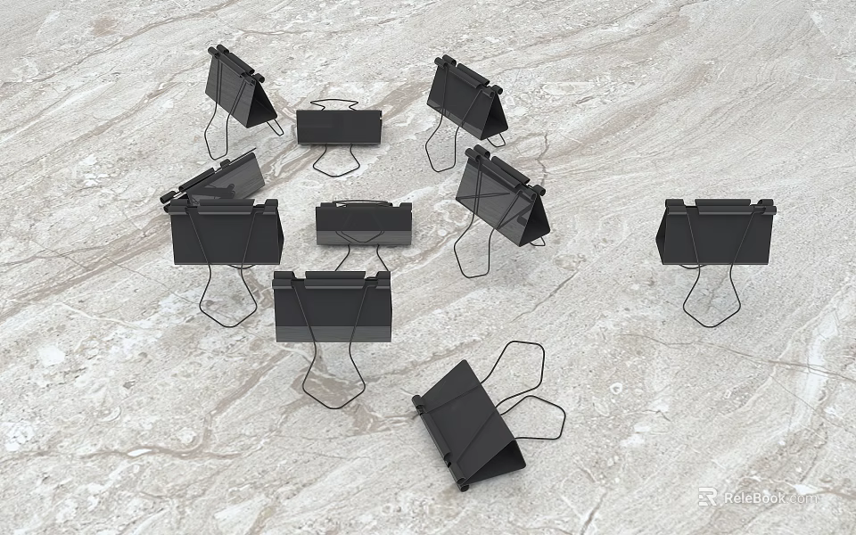 Multiple Black Binder Clips on Light Marble Background for Daily Use 3d model 