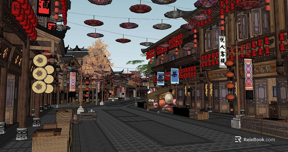 Chinese Garden Landscape With Traditional Ancient Street Red Lanterns And Hanging Oil Paper Umbrellas 3d model 