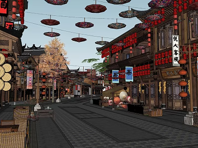 Chinese Garden Landscape With Traditional Ancient Street Red Lanterns And Hanging Oil Paper Umbrellas 3d model