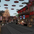 Chinese Garden Landscape With Traditional Ancient Street Red Lanterns And Hanging Oil Paper Umbrellas
