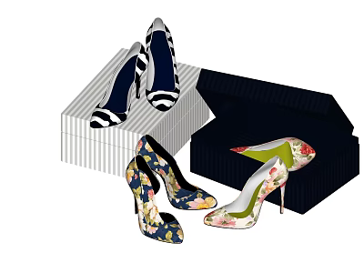 Stylish High Heel Shoes With Floral Patterns And Striped Designs Alongside Decorative Shoe Boxes 3d model