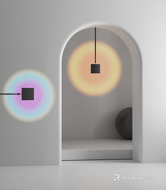Interior With Archway Featuring Black Square Pendant Lights Colorful Halos And Black Spherical Object On Shelf 3d model 