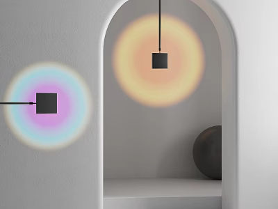 Interior With Archway Featuring Black Square Pendant Lights Colorful Halos And Black Spherical Object On Shelf 3d model