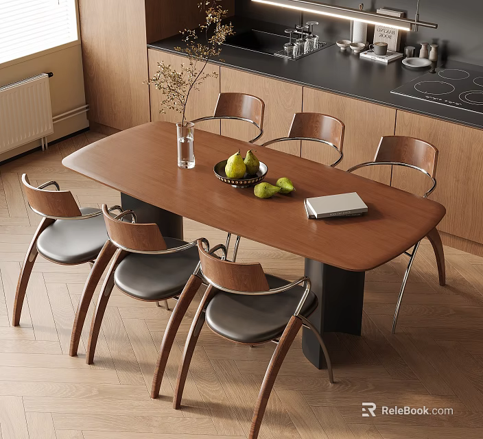 Cozy Modern Restaurant Interior With Wooden Dining Table Chairs Pears Vase And Notebook 3d model 