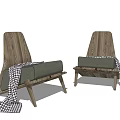 Single Sofa With Wooden Backrest Green Cushion Checkered Blanket And Wooden Legs