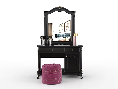 Elegant Black Dressing Table with Gold Trimmed Mirror and Pink Tufted Stool and Decorative Items 3d model
