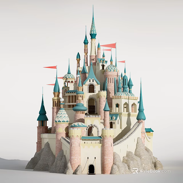 Ancient Castle Architecture Featuring Turquoise Spires Stone Towers Red Flags And Arched Gates 3d model 
