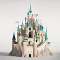 Ancient Castle Architecture Featuring Turquoise Spires Stone Towers Red Flags And Arched Gates