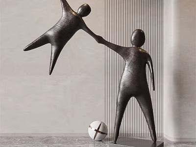 Modern Abstract Human Figure Sculptures Metal Carving With Reaching Hand Stretching Pose And White Sphere 3d model