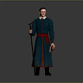 Game Movie Character in Blue Robe with Red Belt Holding Staff and Book