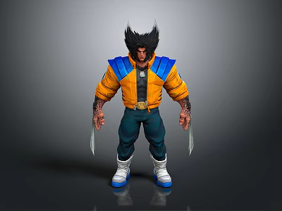 Wolverine Inspired 3D Character Model With Yellow Jacket Blue Shoulders Black Hair And Claws 3d model