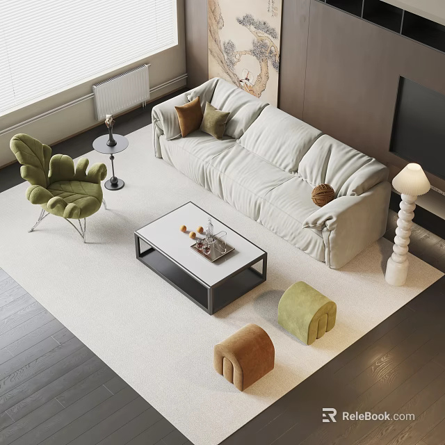 Modern Living Room Light Gray Sofa White Coffee Table Green Armchair Decorative Pillows 3d model 