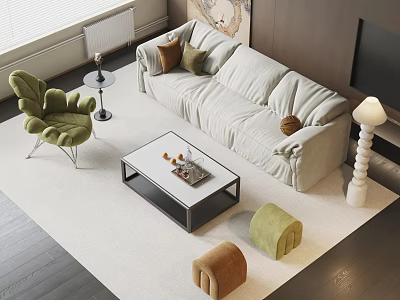 Modern Living Room Light Gray Sofa White Coffee Table Green Armchair Decorative Pillows 3d model