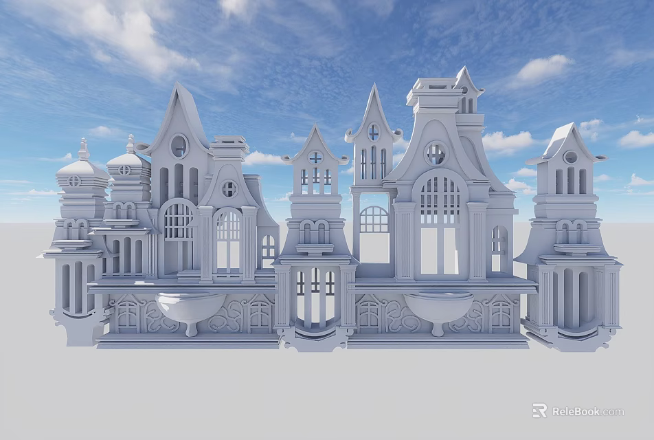 White Classical Stage With Gothic Spires Arches And Carved Details 3d model 