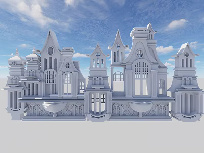 White Classical Stage With Gothic Spires Arches And Carved Details 3d model