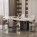 Modern Dining Room With Oval Marble Table And Beige Brown Chairs 3d model
