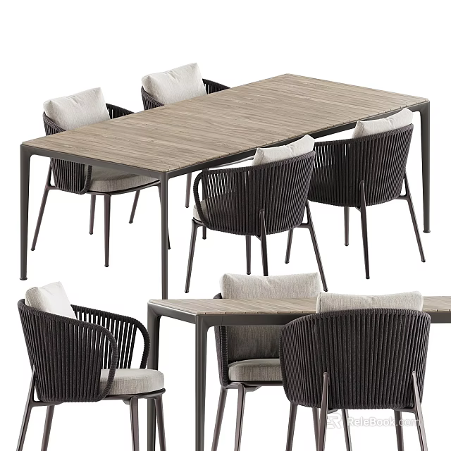 Modern Wood Grain Outdoor Table With Cushioned Woven Rattan Chairs For Cozy Backyard Dining 3d model 