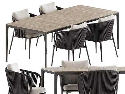 Modern Wood Grain Outdoor Table With Cushioned Woven Rattan Chairs For Cozy Backyard Dining 3d model