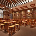 Cozy Wooden Restaurant Interior With Red Lanterns Bar Counter Wine Racks Decorations And TV Screen