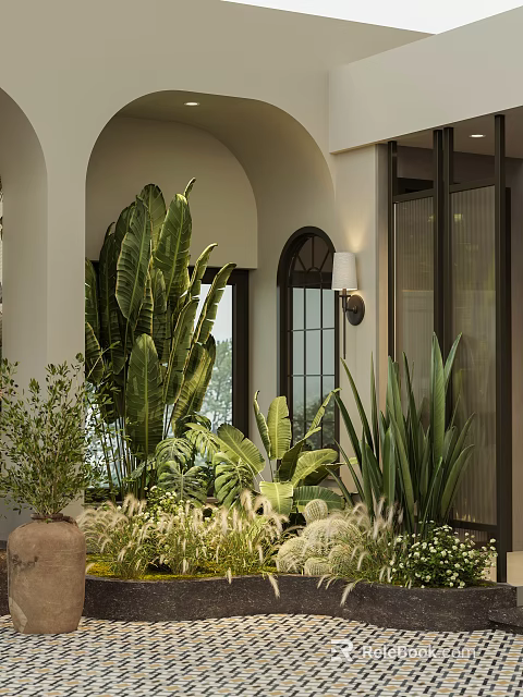 Lush Green Plants With Banana Leaves Ferns And Ornamental Grasses In Arched Entryway 3d model 