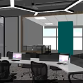 Modern Office Interior With Marble Reception Desk Company Logo Open Layout Hanging Lights And Workspace