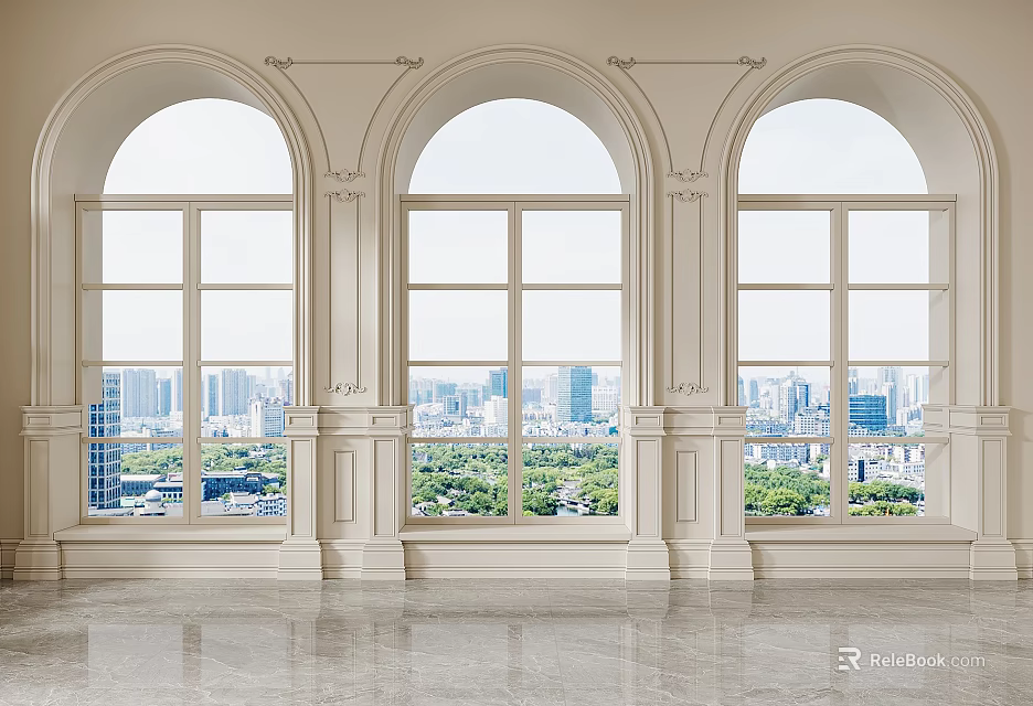 Arched Three Casement Windows With White Frames City View And Marble Floor 3d model 